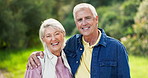 Face, funny and elderly couple in nature, having fun and bonding together. Portrait, happy and senior man and woman laughing at comedy, smile and enjoying quality time outdoor on vacation with love.