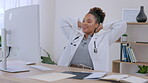 Healthcare, female doctor relax and with computer at her office in a modern workplace. Health wellness or peace, calm and professional surgeon stress free for positive data review at her workspace