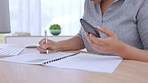 Woman, writing and documents with phone, remote work from home and pen for notes, contract or sign. Entrepreneur, paperwork and smartphone with signature, agreement and compliance for small business