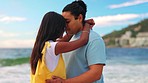 Holiday, hug and couple with love, beach and travel with quality time, commitment and relationship. Romance, man and happy woman embrace, seaside vacation and dating with summer, ocean and marriage