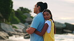 Indian couple, hug and beach for bonding on romance vacation in summer in nature to relax. Ocean, love and happiness with man or woman for travel on weekend for holiday or together in outdoor.