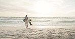 Family, father and swing child on a beach for holiday or vacation for bonding, play and fun. Man and girl kid at sunset for quality time, spin or fly at ocean for travel adventure and wellness