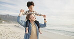 Beach, dad and girl on holiday together with a fun, family or summer break with time in nature, ocean or bonding at sea. Happy, father with support or kid balance on shoulders or memory of vacation