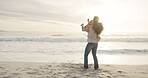 Beach, girl and running to hug in mom arms, embrace with love, support and happiness together on holiday, vacation or sunset. Ocean, waves and excited child run to mother for care or hugging