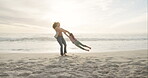 Playing, swinging and a mother with a child at the beach for bonding, break and summer together. Smile, holding hands and mom being playful with a little girl for fun at the sea during a holiday