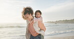 Child, mother and piggyback at beach, walking and bonding to travel outdoor at sunset. African mom, carrying girl and care by ocean, happy and enjoying quality time at sea with mockup for adoption.