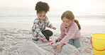 Children, sand castle and friends playing at the beach for fun, bonding and development. Girl kids or sister outdoor to play with bucket toys while on holiday or vacation for family time at sea