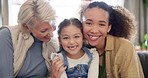 Smile, happy family and selfie on a sofa with mother, grandmother and girl child in their home. Face, love and portrait of interracial women in a living room for photo, bonding and profile picture