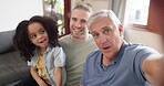 Grandfather, father and child take a funny selfie as a crazy family in home and bonding together for love. Crazy, goofy and elderly person with dad and kid or daughter with happiness and relax