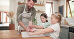 Cleaning, washing hands and father with children in kitchen for cooking, helping and learning. Water, wellness and support with man teaching kids in family home for health, bacteria and safety