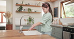 Child, girl washing and hands with soap in kitchen sink and learning about bacteria, cleaning and hygiene for safety or health. Teaching, self care and clean hand in water for germs, virus or dirt