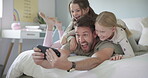 Crazy, face and selfie with dad and children, girls or family with funny, silly or joke photo for social media or profile picture. Father, kids or relax in bed together on phone in morning or weekend