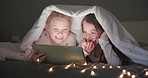 Night, bed and girls with a tablet, smile or internet search for movies, cartoon or loving together. Friends, female children or kids in a bedroom, tech or social media with happiness, evening or joy
