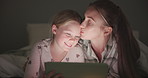 Tablet, happy and mother with daughter in bedroom for storytelling, streaming and watching movies. Kiss, internet and technology with woman and girl in family home for subscription, online and media