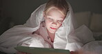 Blanket, kid and tablet in bedroom at night for online games, reading ebook story and educational app. Young girl child relax with digital technology, connection and streaming cartoon entertainment