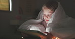 Blanket, girl and tablet in bedroom at night for online games, reading ebook story or elearning app. Young child relax on digital technology, connection or streaming cartoon entertainment in the dark