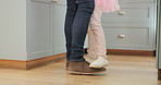 Dance, support and feet with father and daughter for ballet, creative and princess. Love, music and ballerina with closeup of man and young girl in family home for playful, learning and helping
