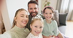 Face, parents and selfie of children in home on video call, happy profile picture and social media. Smile, family and portrait of mother, father and girl kids for photograph, love and memory together