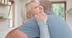 Senior couple, hug and smile in home for love, care and relax for bond, support or trust together. Face, happy woman embrace man for quality time, retirement and commitment to partner in relationship