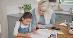 Grandmother drawing for art with her grandchild in the kitchen for creativity at home. Education, bonding and senior woman helping girl kid student with her school homework at the modern family house