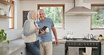 Phone, coffee and senior couple in kitchen while networking on social media or the internet together. Happy, laughing and elderly people in retirement drinking a cappuccino and browsing on cellphone.