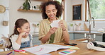 Education, study cards and a mother teaching her daughter in the living room of their home for distance learning. Kids, remote or private tutor with a woman teacher and student girl in a house