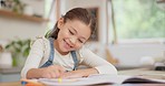 Education, happy and child doing her homework in the kitchen for studying or learning at home. Creative, artistic and girl kid student drawing a art picture with color pencils at her modern house.