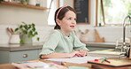 Girl, counting and hands for homework with notebook in kitchen with paper for development. Thinking, maths and female student with studying for knowledge or growth in family home for school activity.