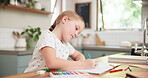 Art, drawing and girl for practice with notebook on kitchen table for relaxing with sketch and growth. Education, creative and paper with kid for homework for school with colour, pencil for project.