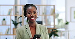 Happy black woman, face and phone for communication, social media or networking at office. Portrait of African female person or employee with smile and mobile smartphone for online chat at workplace