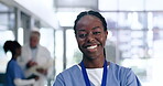 Nurse, smile and face of black woman in hospital for medical, wellness and life insurance. Medicine, healthcare and expert with portrait of person in clinic for support, nursing and surgery