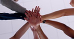 Hands stack, team and business people celebrate success together as teamwork and motivation for goals or dream. Solidarity, support and group of employees with a vision, strategy and collaboration