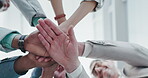 Business people, motivation or hands in low angle for team building, mission or support in office together. Stack, huddle or group of men and women for solidarity, synergy or community ready for goal