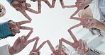 Hands, star sign or shape of business people from below for solidarity, teamwork and collaboration. Diversity men and women group together for peace, trust and motivation for connection or innovation
