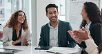 Applause, success and goal with business people in meeting for teamwork, winner and motivation. Seminar, thank you and achievement with employees in office for strategy, target and workshop