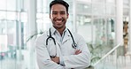 Face, doctor and Asian man with arms crossed, smile and career with success, healthcare or life insurance vision. Portrait, male person or medical professional with stethoscope, employee or wellness 