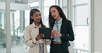 Tablet, teamwork and business women in the office, talking about planning, research or company development. Collaboration, technology and meeting with employees or colleagues in discussion at work