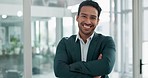 Face, business and man with arms crossed, corporate and entrepreneur with success mindset, happiness and workplace. Portrait, Asian male person or happy employee with joy, confident consultant or ceo