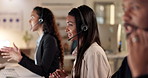 Call center, indian woman and talking at computer for customer service, contact us and working late with team. Female telemarketing agent consulting at help desk for CRM questions in coworking office