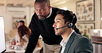 Call center, team manager and a man with help at computer for customer service, advice or crm. Consultant person and mentor talking at office to explain telemarketing, technical support or help desk