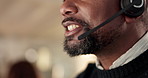 Mouth, call center and man talking on microphone for customer service, advice or crm. Face of happy black person working late with headset for telecom, telemarketing or technical support at help desk
