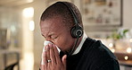 Sick, call center and a man blowing nose with a tissue and headset at night for customer service or crm. Black person at office for telecom, telemarketing or technical support at help desk with flu