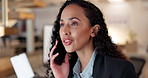 Phone call, business woman and computer in night communication, job networking or feedback at news agency. Conversation, talking and young professional person or journalist on mobile voip and desktop