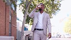 Business man, coffee and city drinking while walking on a street with professional in New York. Urban road, African male person and drink with a entrepreneur doing job commute and travel on sidewalk