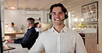 Call center, support and computer with a consultant man in the office for assistance. Portrait, contact us and customer service with a male telemarketing agent working in an outsourcing company