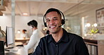 Call center, customer service and computer with a consultant man in the office for assistance. Portrait, contact us and support with a male telemarketing agent working in an outsourcing company
