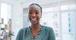 Face, funny or comedy with a business black woman laughing at a joke in an office for corporate work. Portrait, smile and comic with a happy young female employee standing in a professional workplace