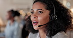 Call center, support and headset with an african woman consultant talking on a call for help or assistance. Customer service, lead generation or insurance with a female employee working in sales