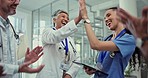Clapping, high five and team of doctors in clinic cheering for a surgery success or goal. Happy, smile and group of professional healthcare workers with applause for collaboration in medical hospital