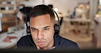 Call center, thinking and business man, agent or consultant for software solution, information technology and night office. Problem solving, IT focus and latino person reading with ideas on computer